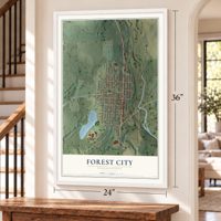 Forest City, Pennsylvania map, 24 x 36 inch print in a white frame by a staircase