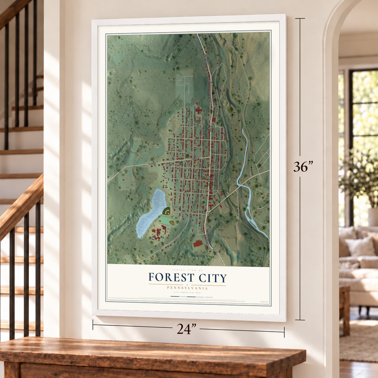 Forest City, Pennsylvania map, 24 x 36 inch print in a white frame by a staircase