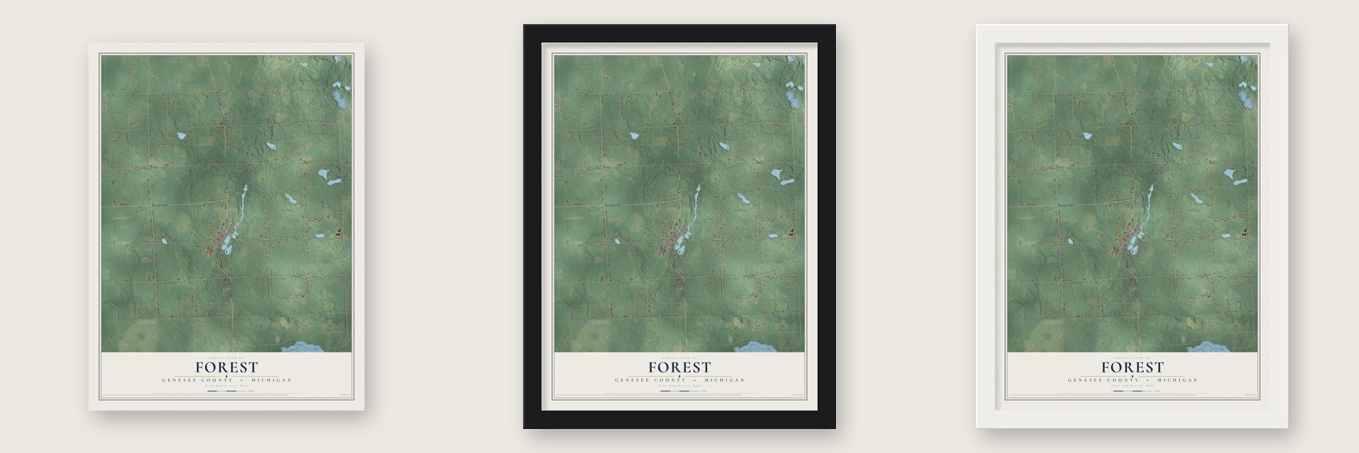 Forest, Genesee County, Michigan map unframed, in a black wood frame and in a white wood frame