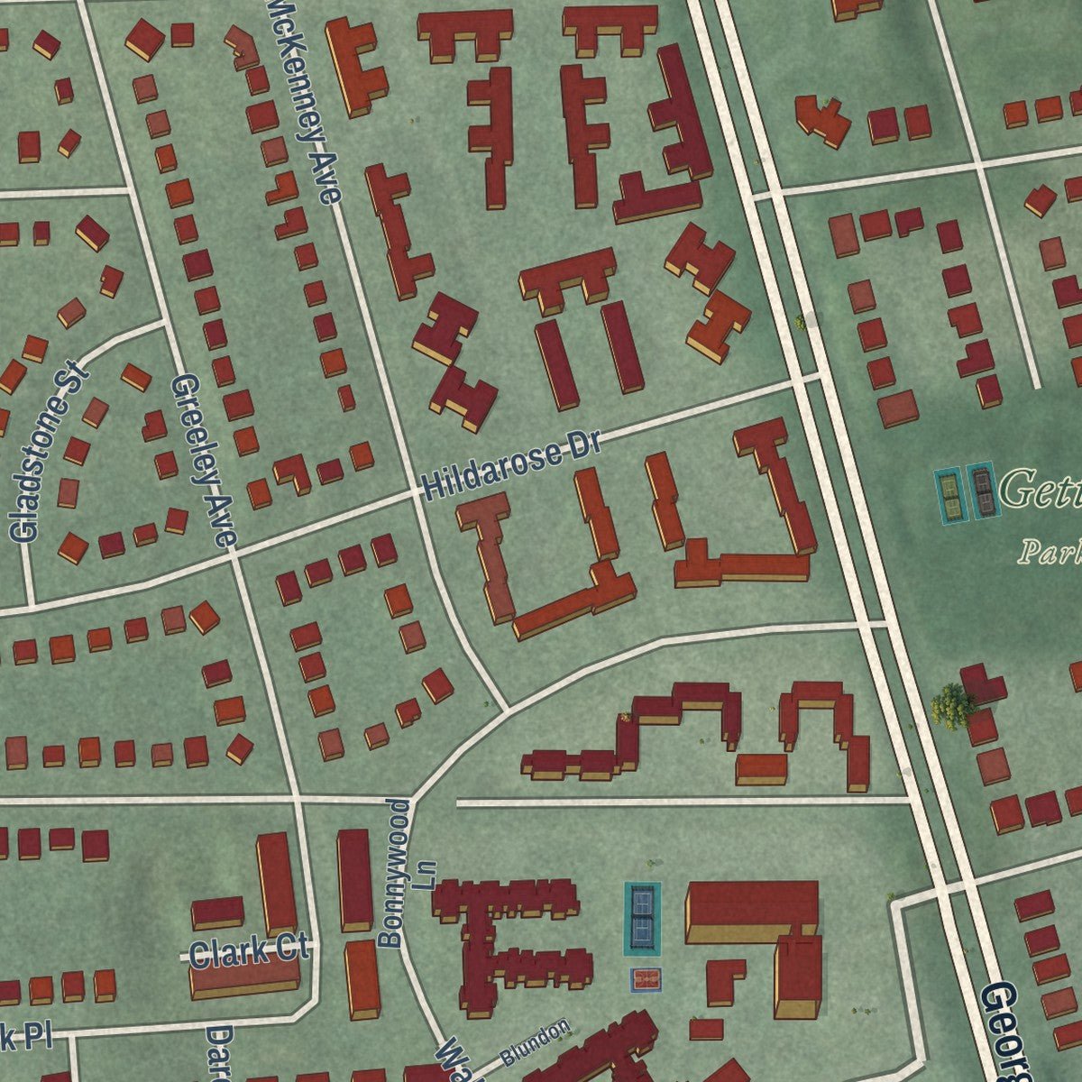 Second close-up of the map of Forest Glen, Maryland print showing more streets and buildings