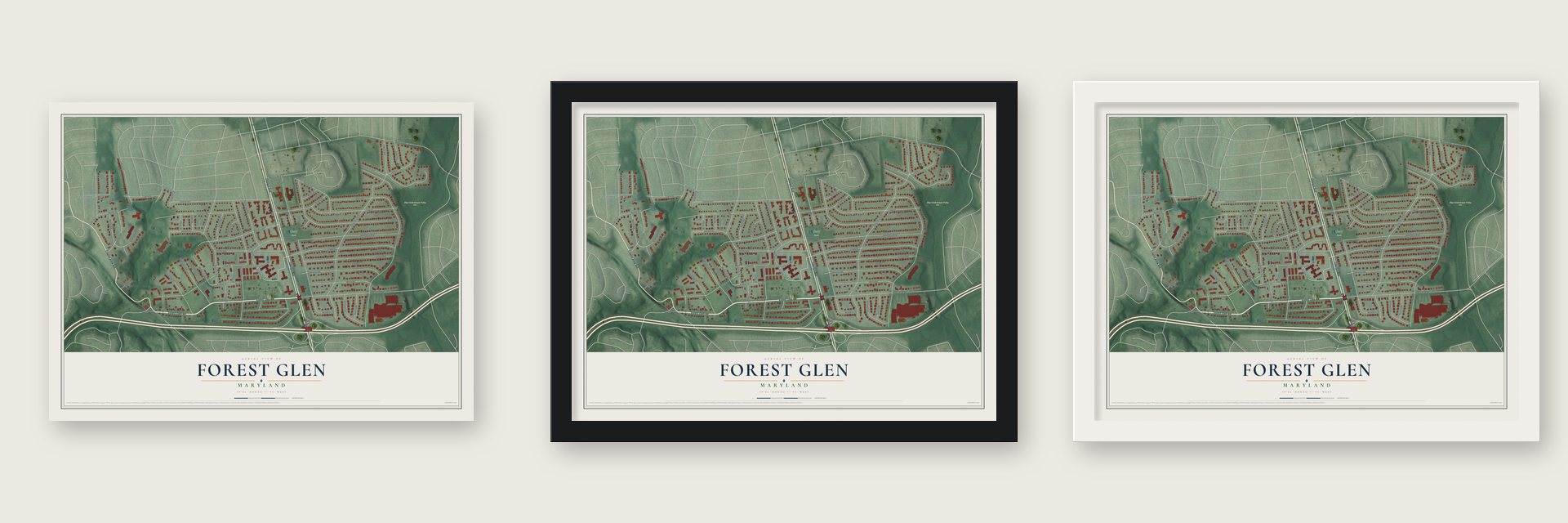 Forest Glen, Maryland map unframed, in a black wood frame and in a white wood frame