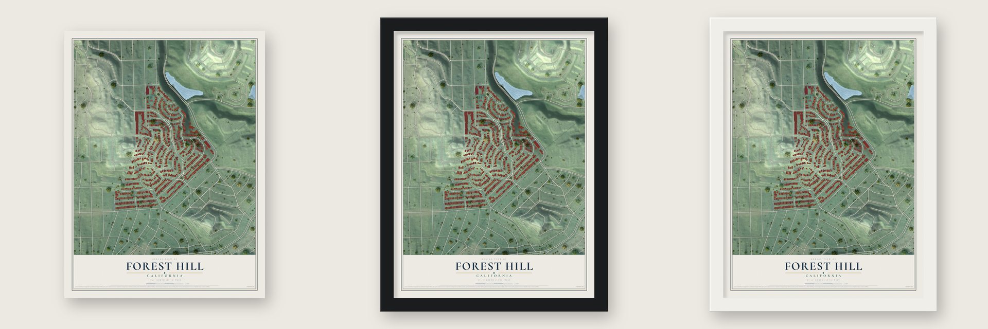 Forest Hill, California map unframed, in a black wood frame and in a white wood frame