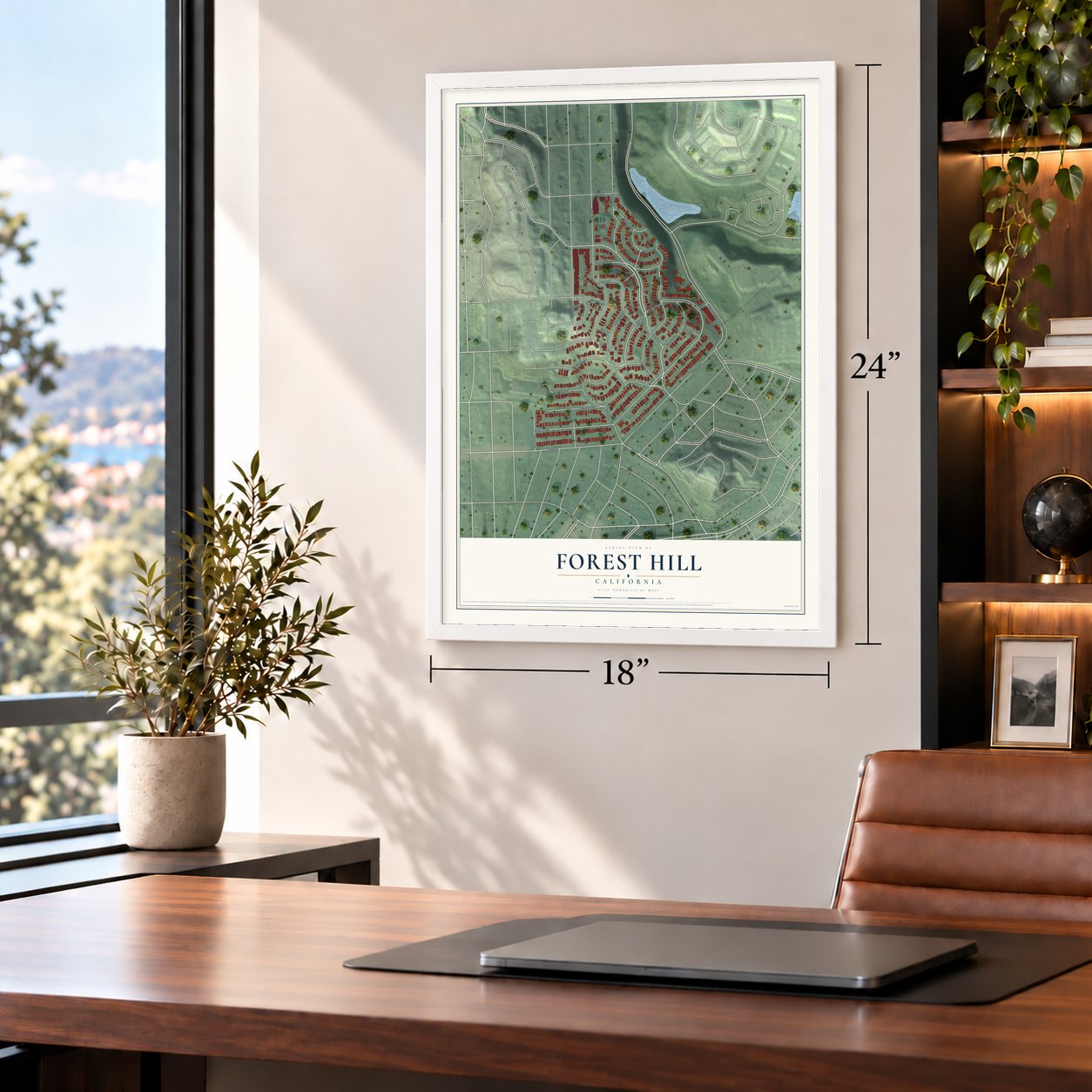 Forest Hill, California map, 18 x 24 inch print in a white frame in a home office