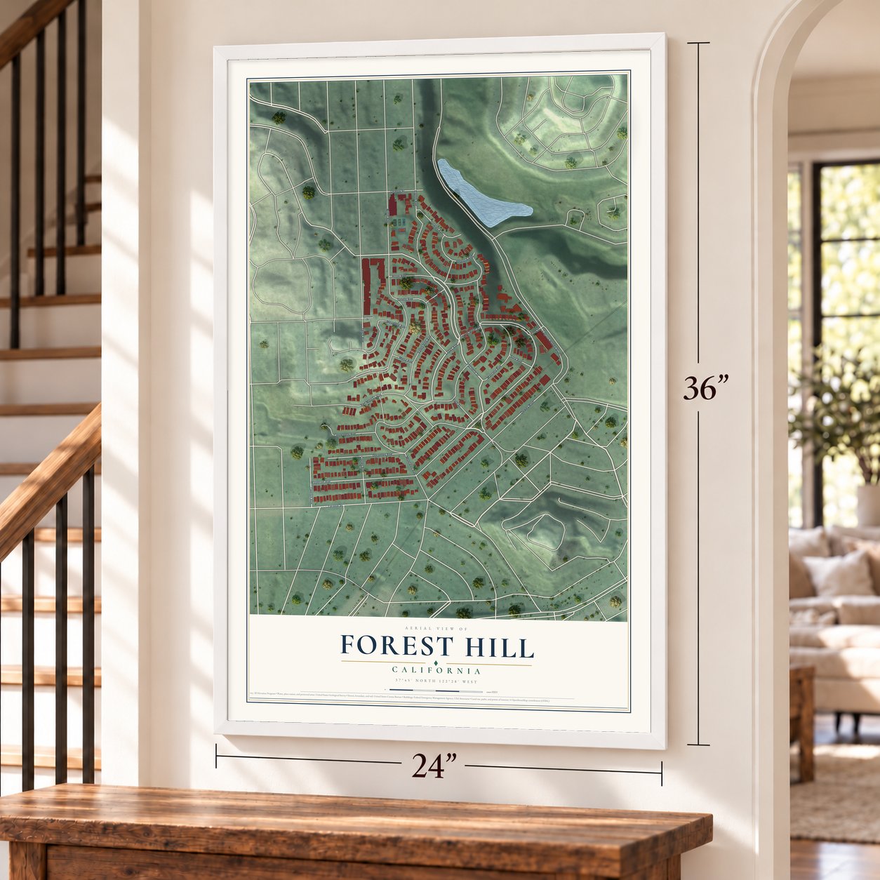 Forest Hill, California map, 24 x 36 inch print in a white frame by a staircase