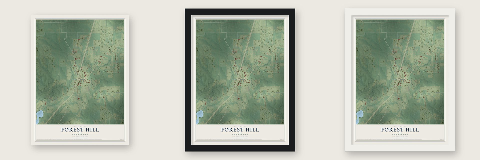 Forest Hill, Louisiana map unframed, in a black wood frame and in a white wood frame