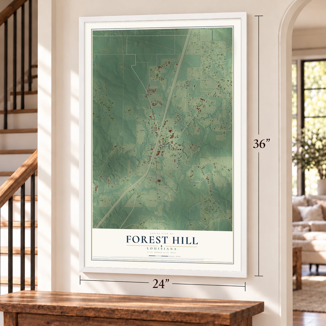 Forest Hill, Louisiana map, 24 x 36 inch print in a white frame by a staircase
