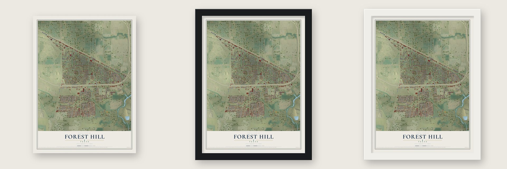 Forest Hill, Texas map unframed, in a black wood frame and in a white wood frame