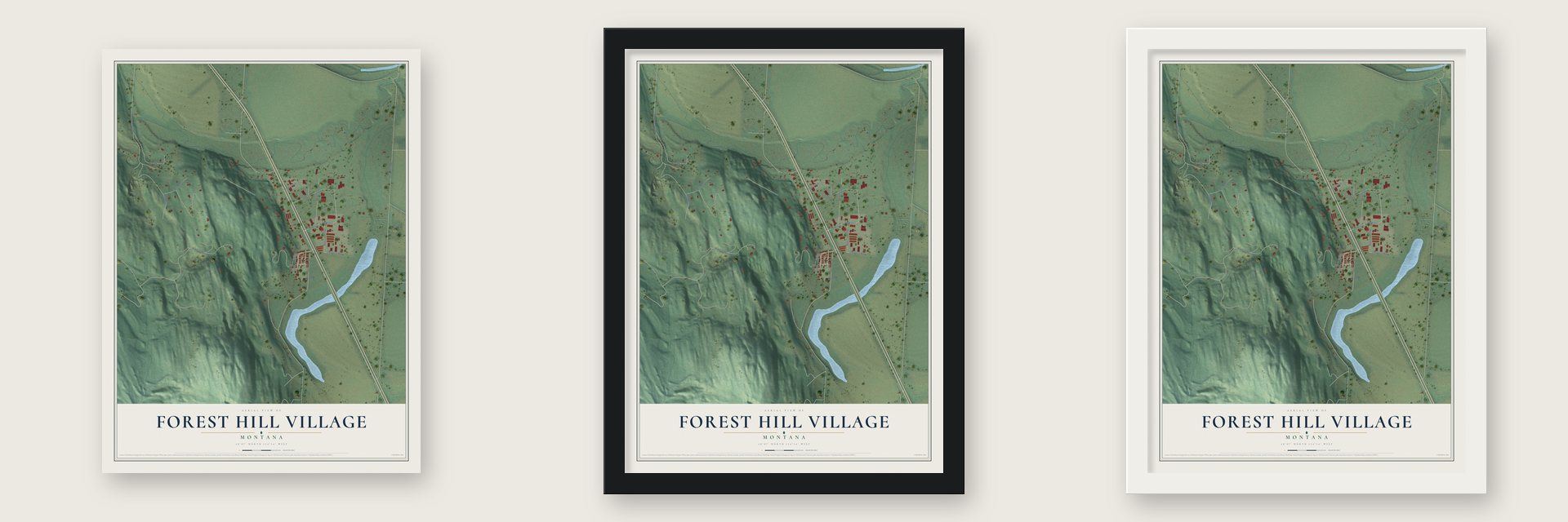 Forest Hill Village, Montana map unframed, in a black wood frame and in a white wood frame