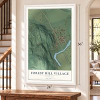 Forest Hill Village, Montana map, 24 x 36 inch print in a white frame by a staircase