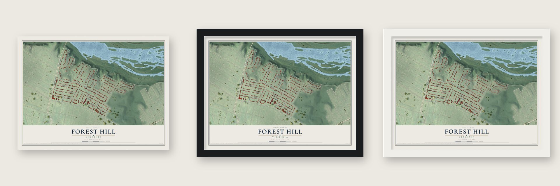 Forest Hill, Virginia map unframed, in a black wood frame and in a white wood frame