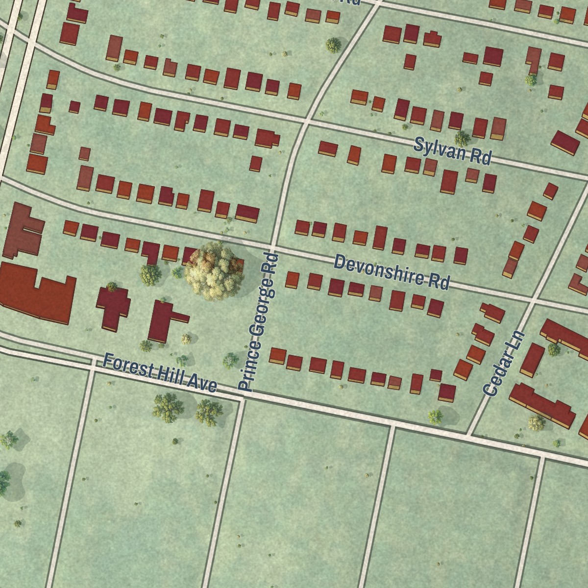 Second close-up of the map of Forest Hill, Virginia print showing more streets and buildings