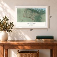 Forest Hill, Virginia map, 12 x 18 inch print in a white frame in an entryway