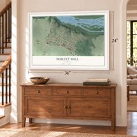 Forest Hill, Virginia map, 24 x 36 inch print in a white frame above a dresser by a staircase