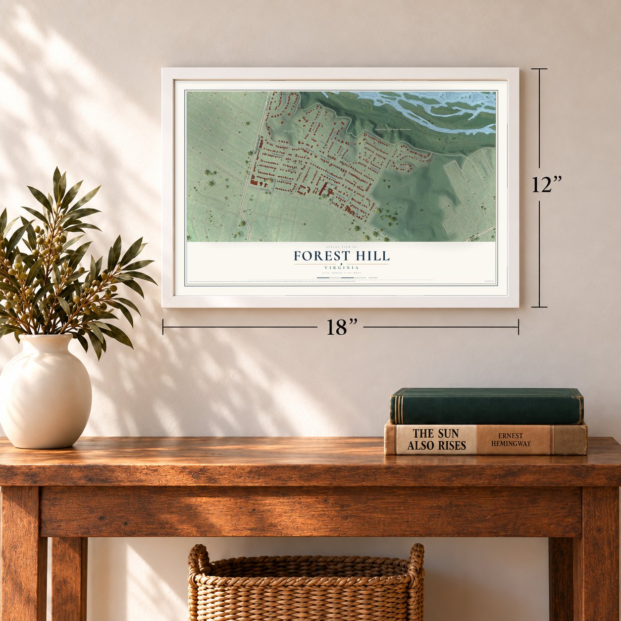 Forest Hill, Virginia map, 12 x 18 inch print in a white frame in an entryway