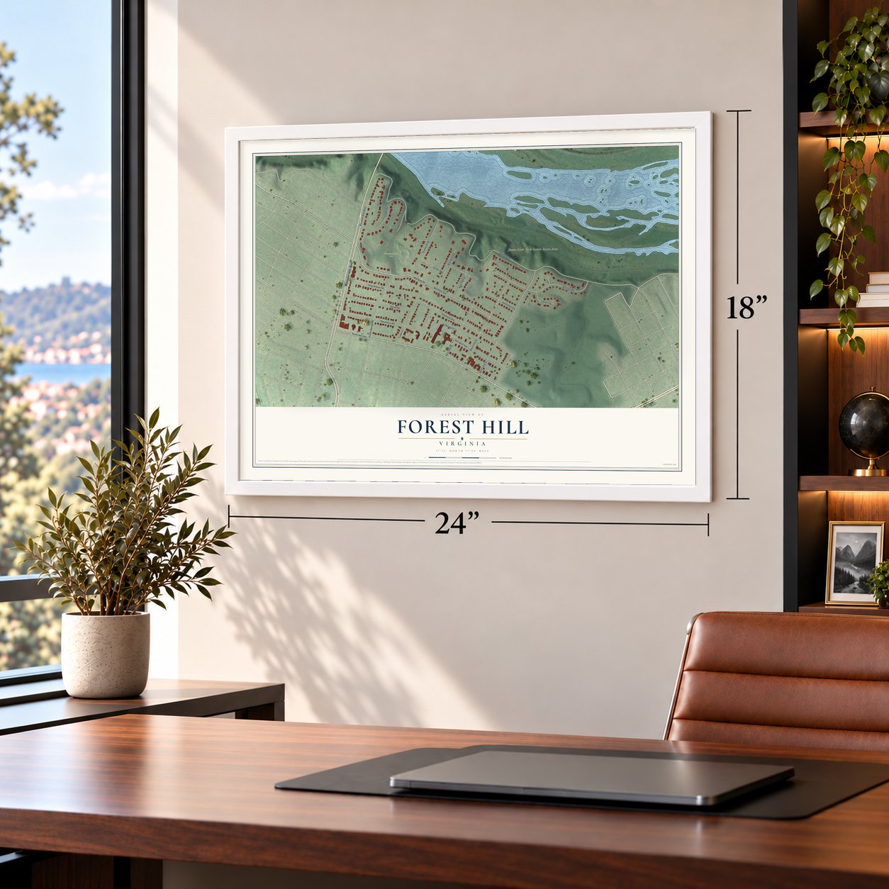 Forest Hill, Virginia map, 18 x 24 inch print in a white frame in a home office