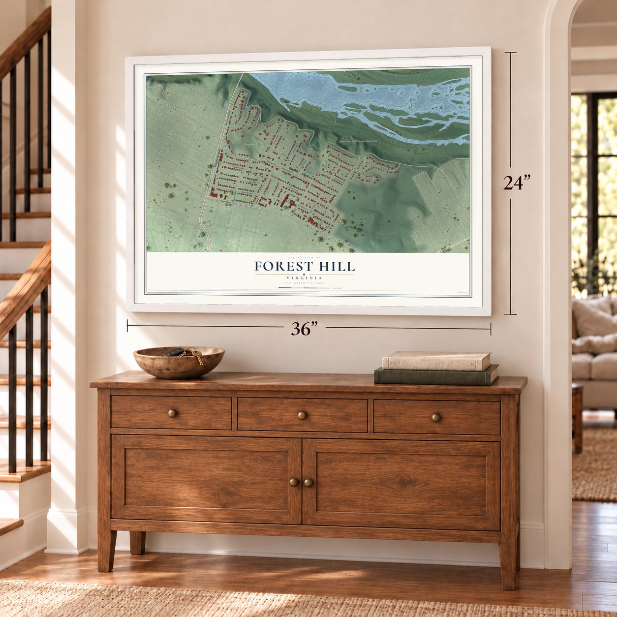 Forest Hill, Virginia map, 24 x 36 inch print in a white frame above a dresser by a staircase