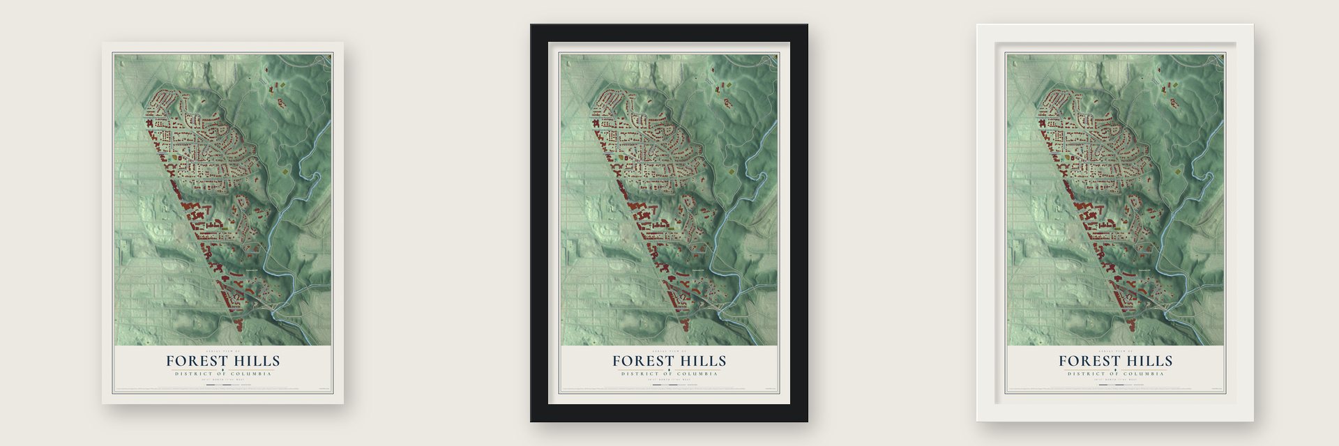 Forest Hills, District of Columbia map unframed, in a black wood frame and in a white wood frame