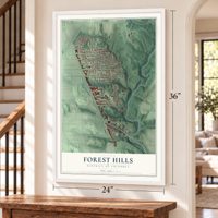 Forest Hills, District of Columbia map, 24 x 36 inch print in a white frame by a staircase
