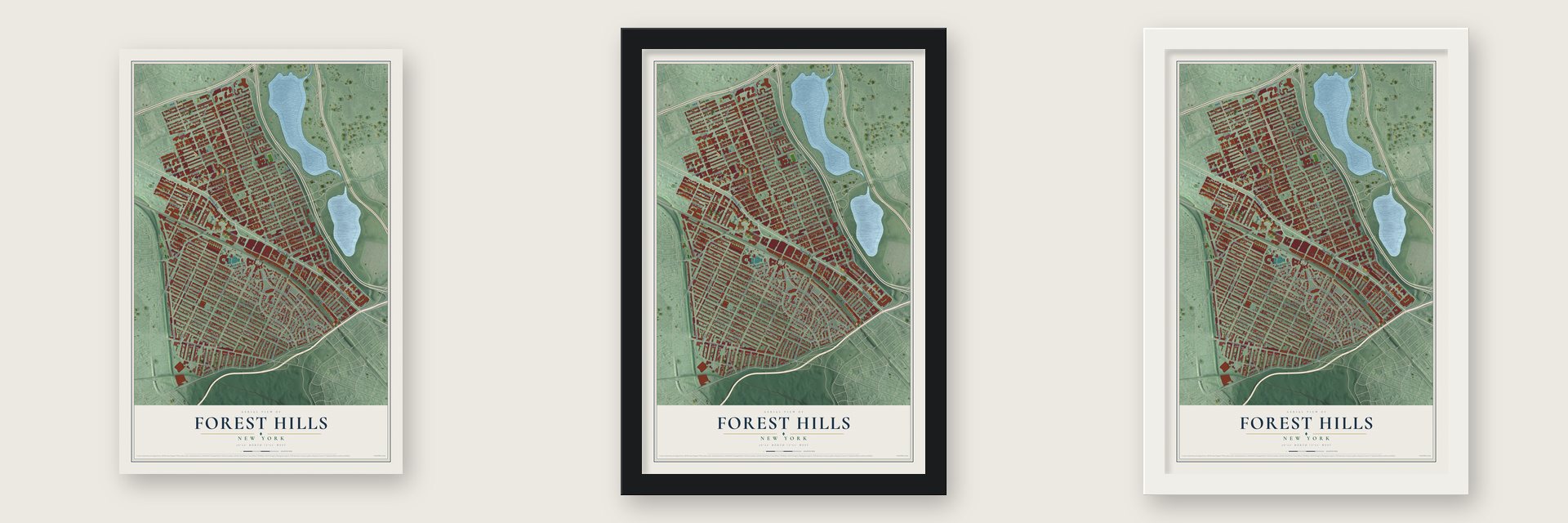 Forest Hills, New York map unframed, in a black wood frame and in a white wood frame