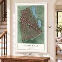 Forest Hills, New York map, 24 x 36 inch print in a white frame by a staircase