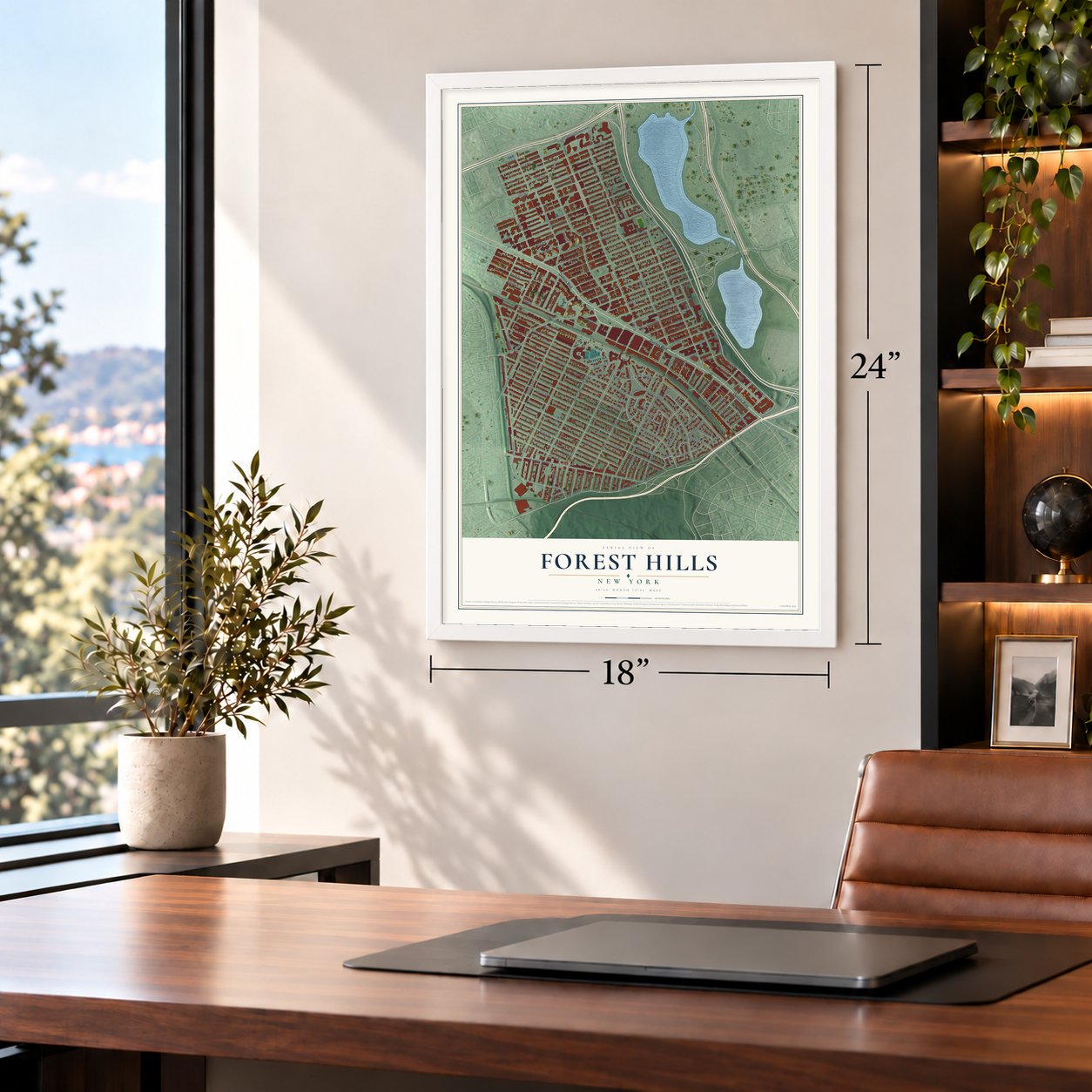 Forest Hills, New York map, 18 x 24 inch print in a white frame in a home office