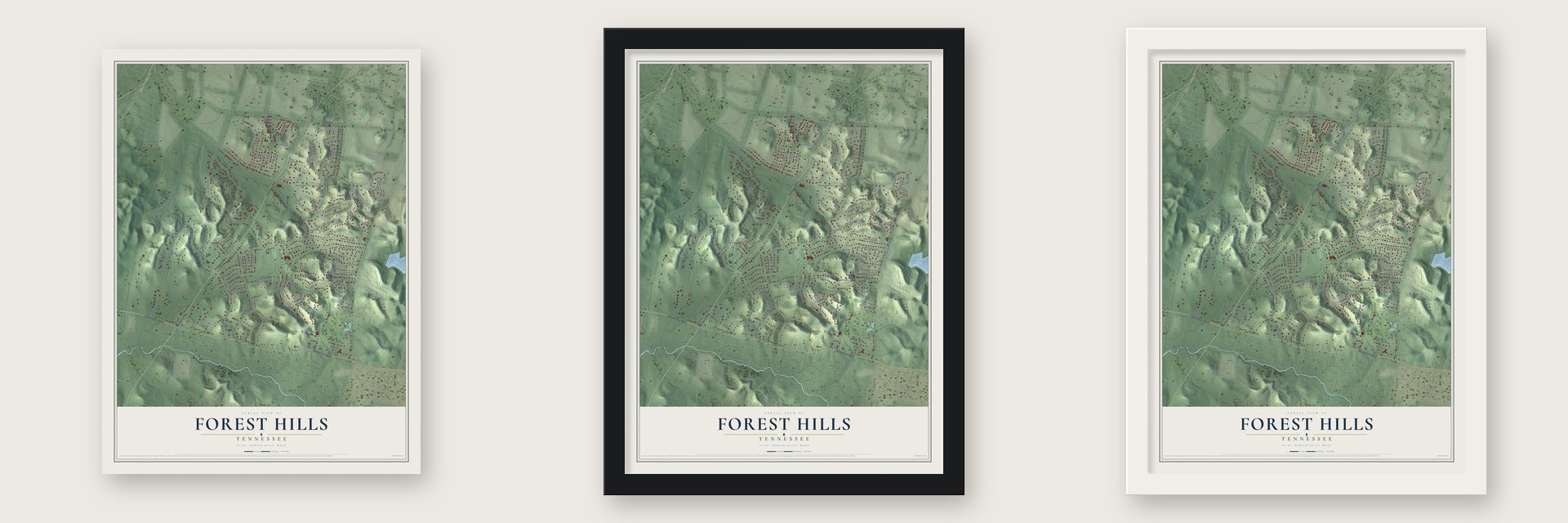 Forest Hills, Tennessee map unframed, in a black wood frame and in a white wood frame