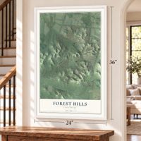 Forest Hills, Tennessee map, 24 x 36 inch print in a white frame by a staircase