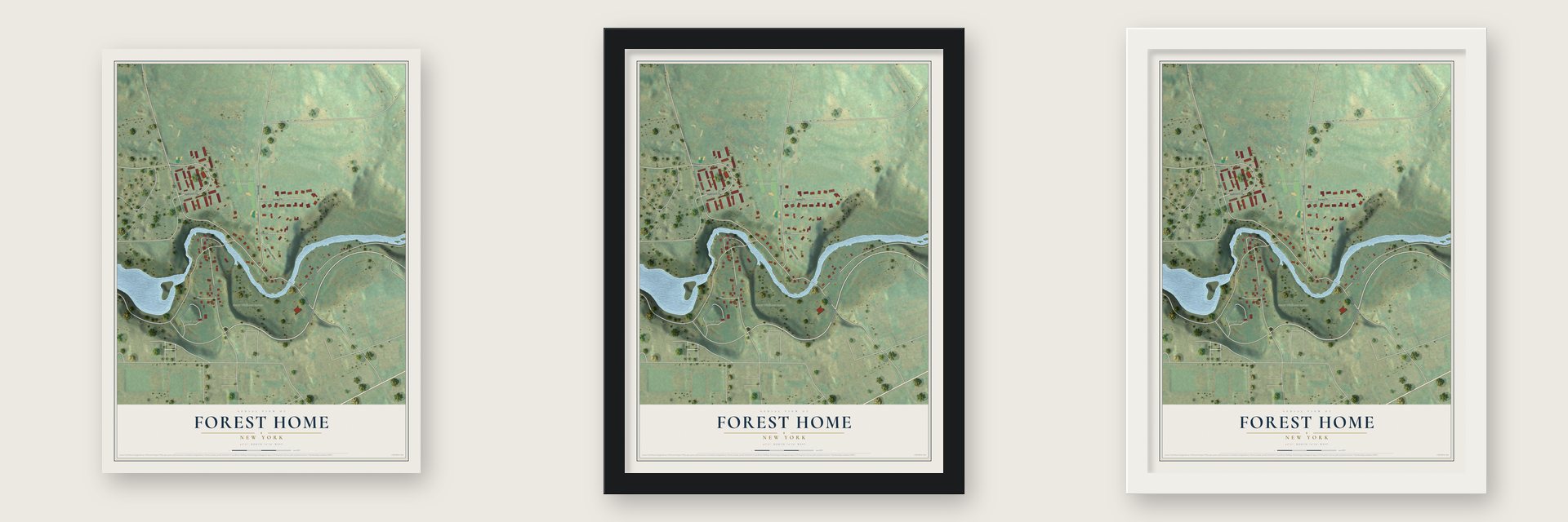 Forest Home, New York map unframed, in a black wood frame and in a white wood frame