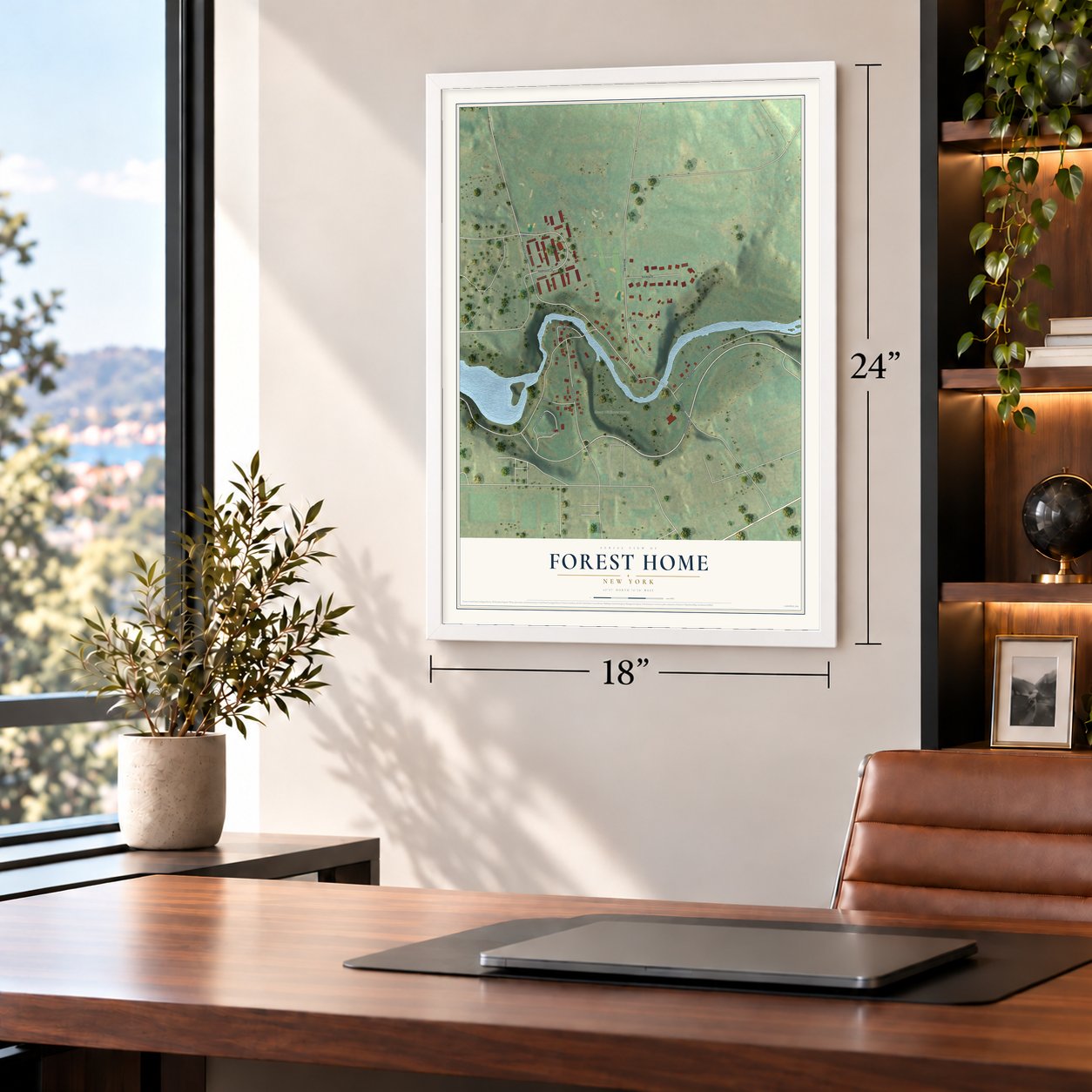 Forest Home, New York map, 18 x 24 inch print in a white frame in a home office