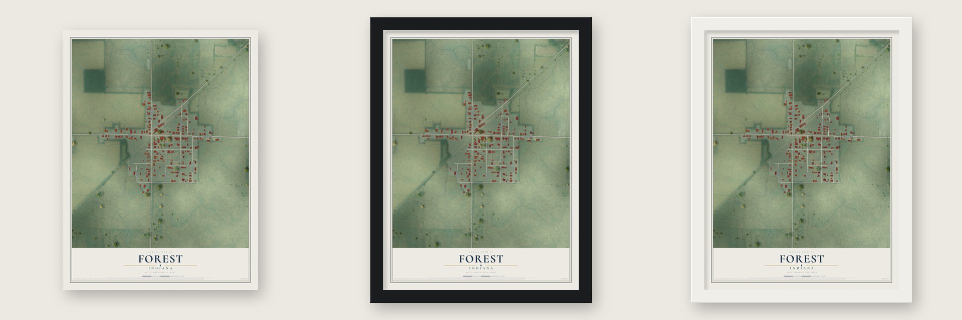 Forest, Indiana map unframed, in a black wood frame and in a white wood frame