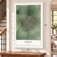 Forest, Indiana map, 24 x 36 inch print in a white frame by a staircase