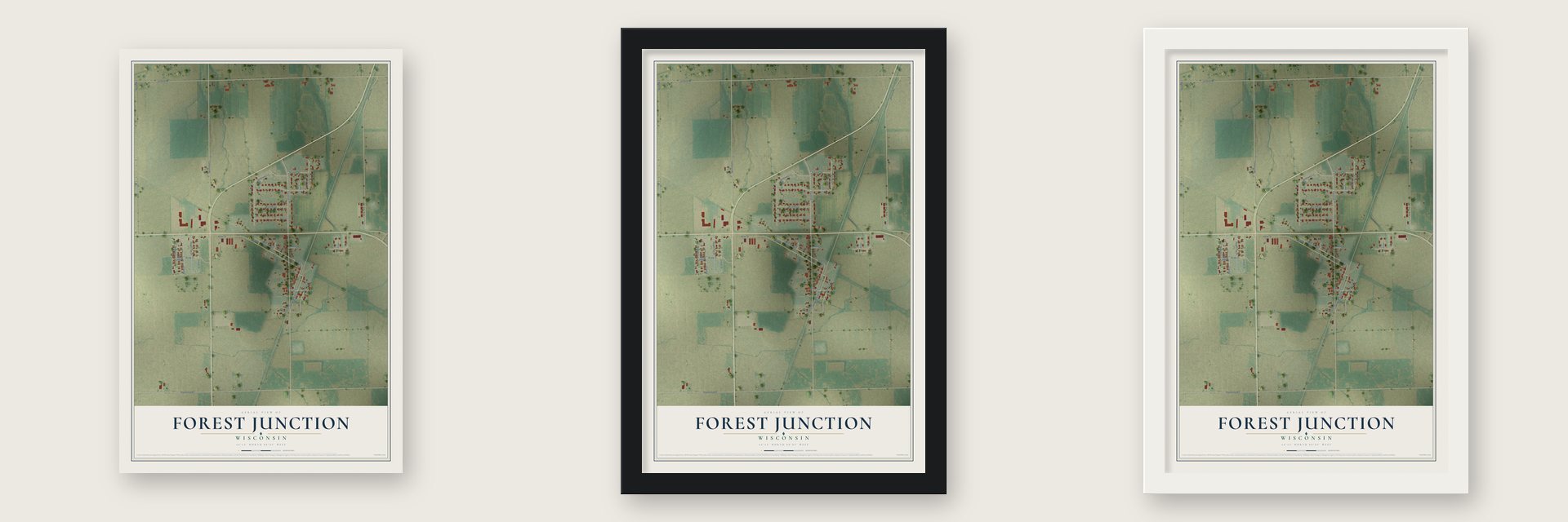 Forest Junction, Wisconsin map unframed, in a black wood frame and in a white wood frame