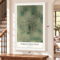 Forest Junction, Wisconsin map, 24 x 36 inch print in a white frame by a staircase