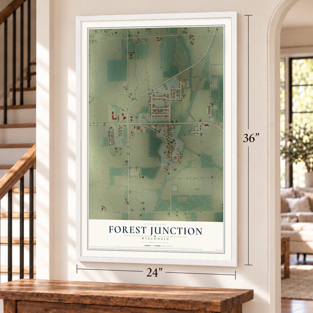 Forest Junction, Wisconsin map, 24 x 36 inch print in a white frame by a staircase
