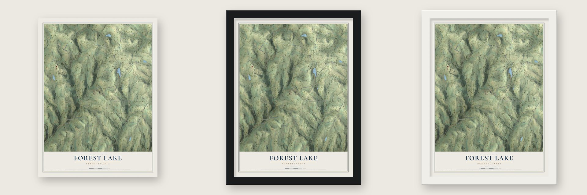 Forest Lake, Pennsylvania map unframed, in a black wood frame and in a white wood frame