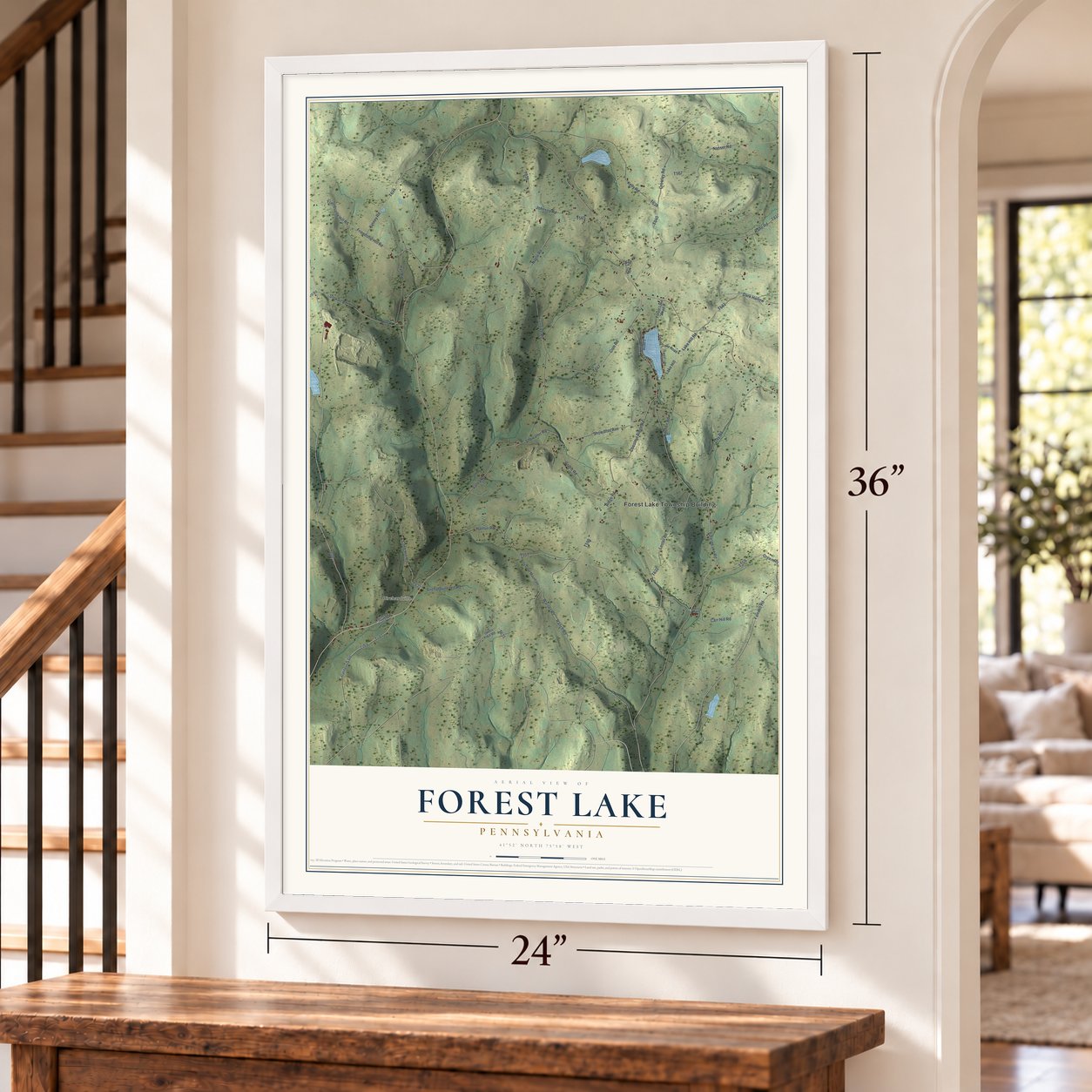 Forest Lake, Pennsylvania map, 24 x 36 inch print in a white frame by a staircase