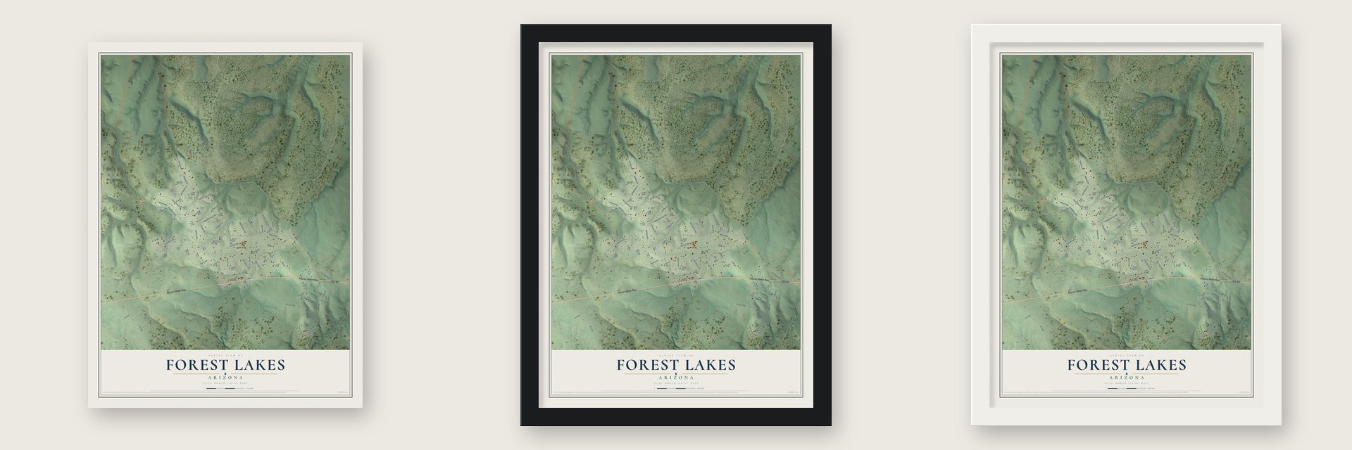 Forest Lakes, Arizona map unframed, in a black wood frame and in a white wood frame