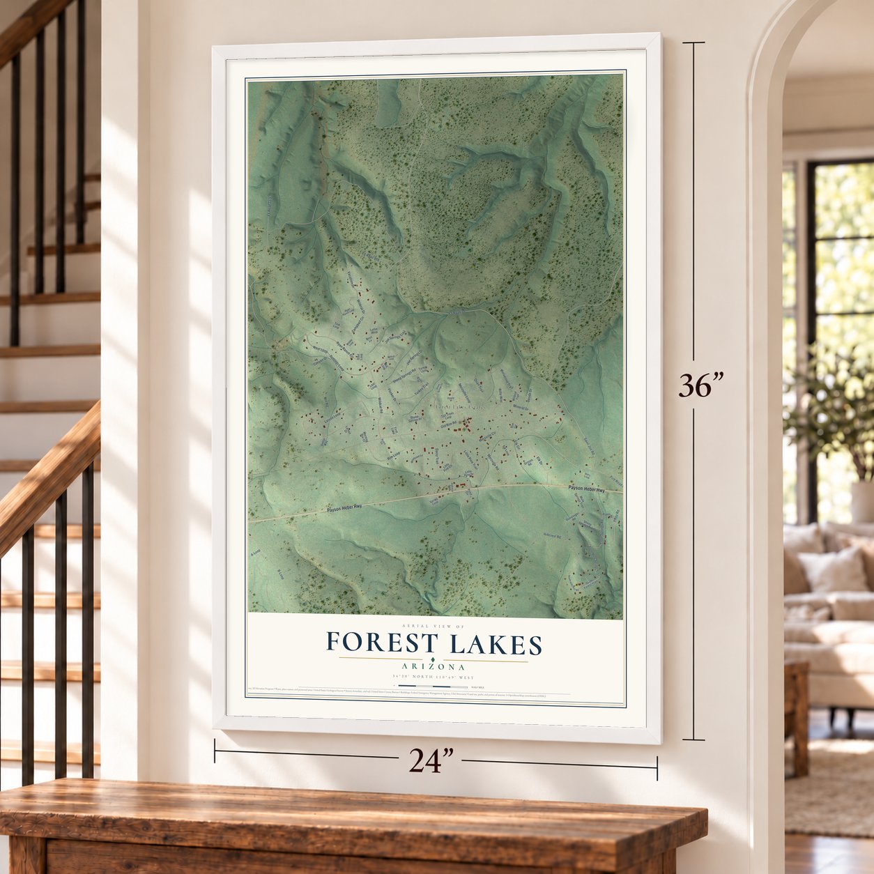Forest Lakes, Arizona map, 24 x 36 inch print in a white frame by a staircase