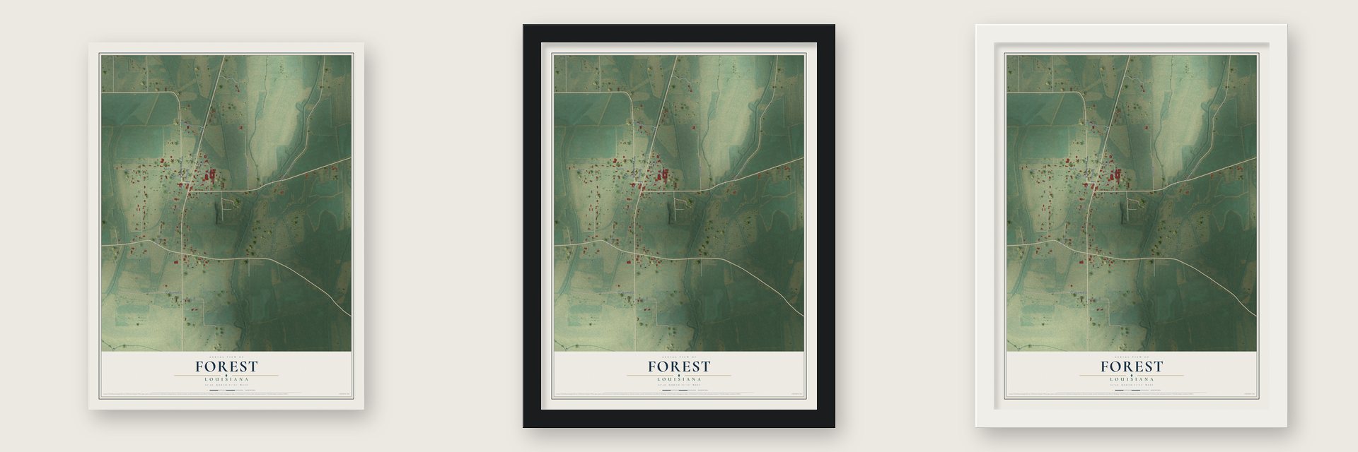 Forest, Louisiana map unframed, in a black wood frame and in a white wood frame