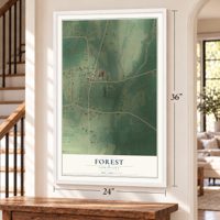 Forest, Louisiana map, 24 x 36 inch print in a white frame by a staircase