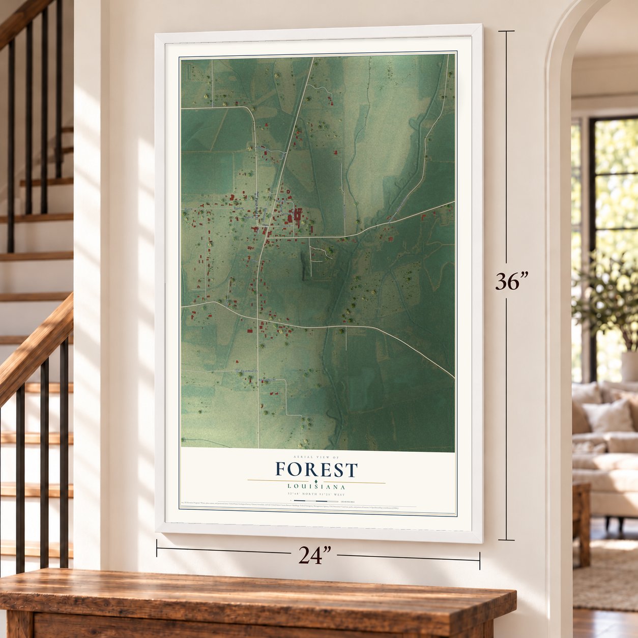 Forest, Louisiana map, 24 x 36 inch print in a white frame by a staircase