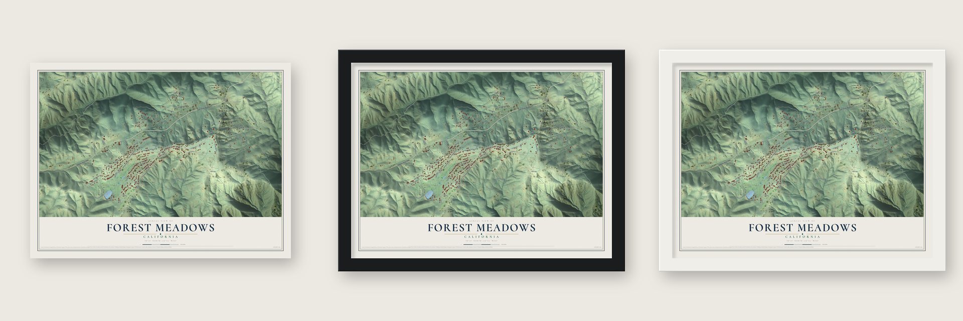 Forest Meadows, California map unframed, in a black wood frame and in a white wood frame