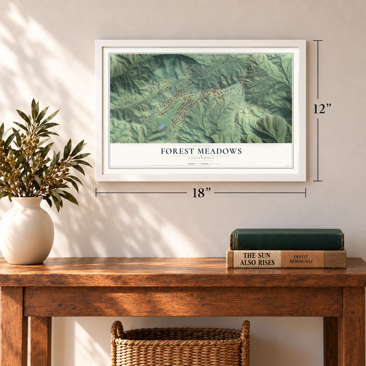 Forest Meadows, California map, 12 x 18 inch print in a white frame in an entryway