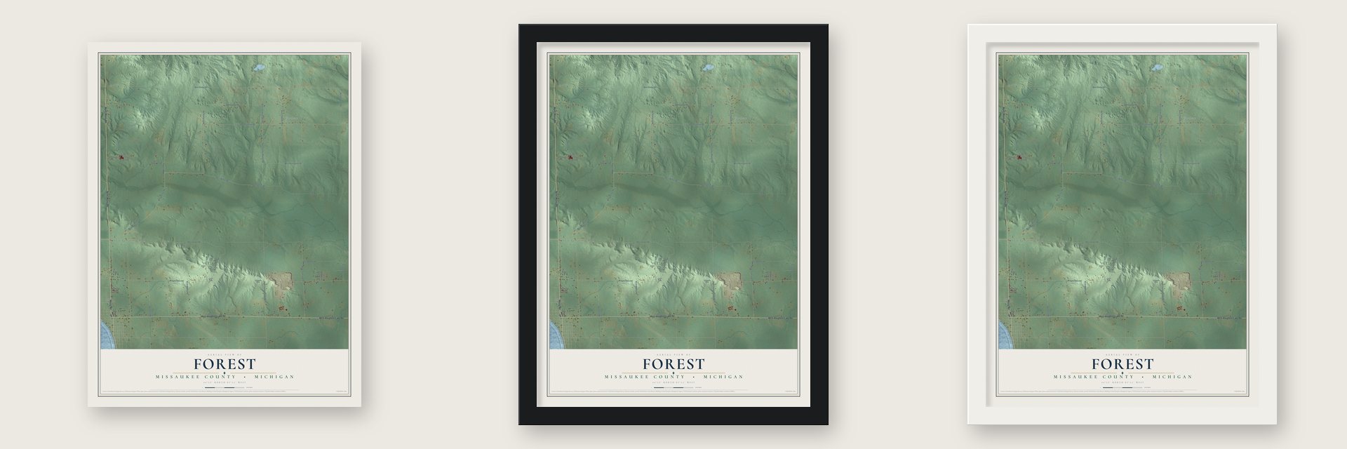 Forest, Missaukee County, Michigan map unframed, in a black wood frame and in a white wood frame