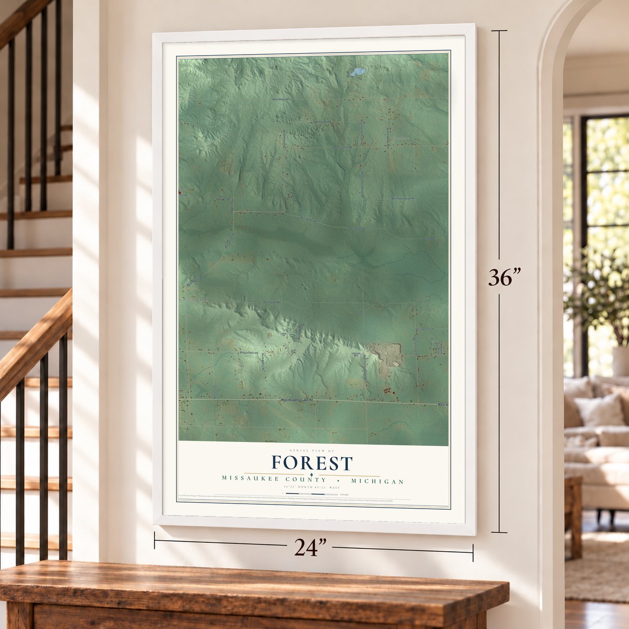 Forest, Missaukee County, Michigan map, 24 x 36 inch print in a white frame by a staircase