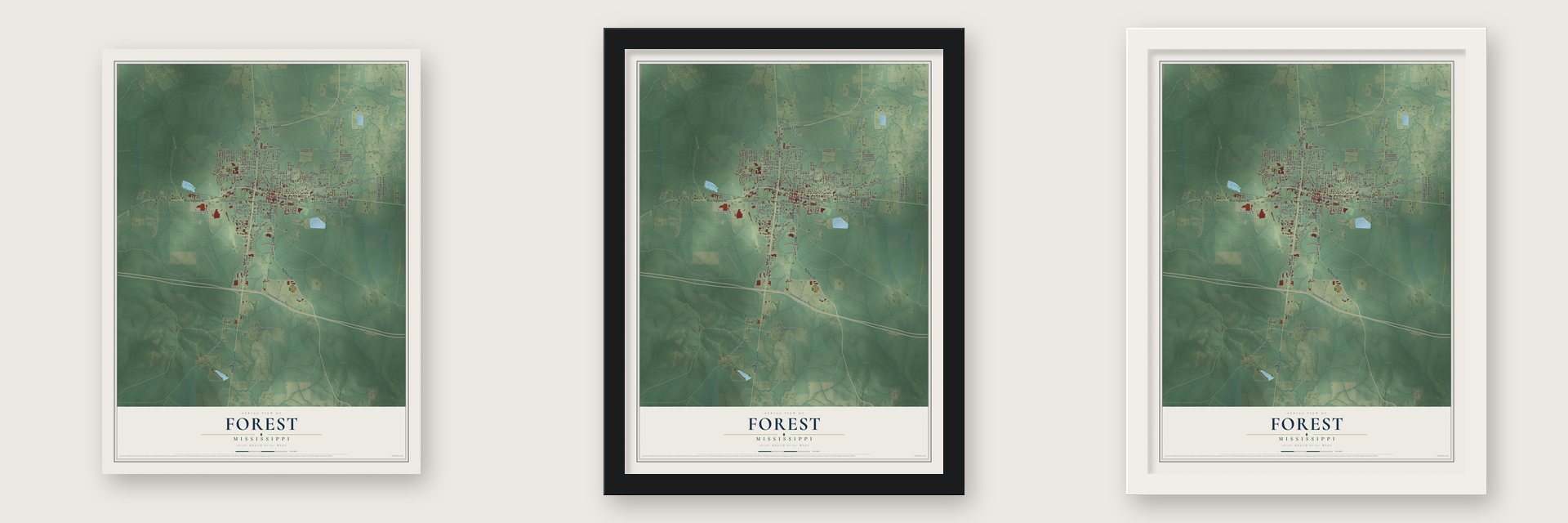 Forest, Mississippi map unframed, in a black wood frame and in a white wood frame