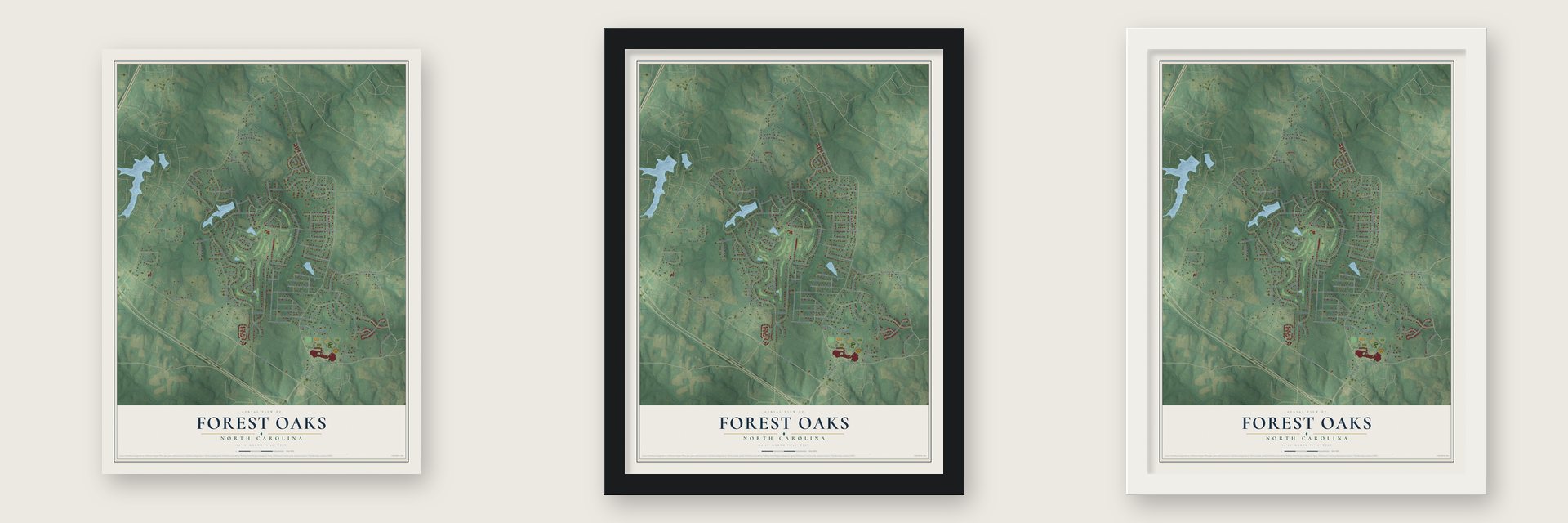 Forest Oaks, North Carolina map unframed, in a black wood frame and in a white wood frame