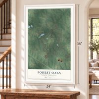 Forest Oaks, North Carolina map, 24 x 36 inch print in a white frame by a staircase