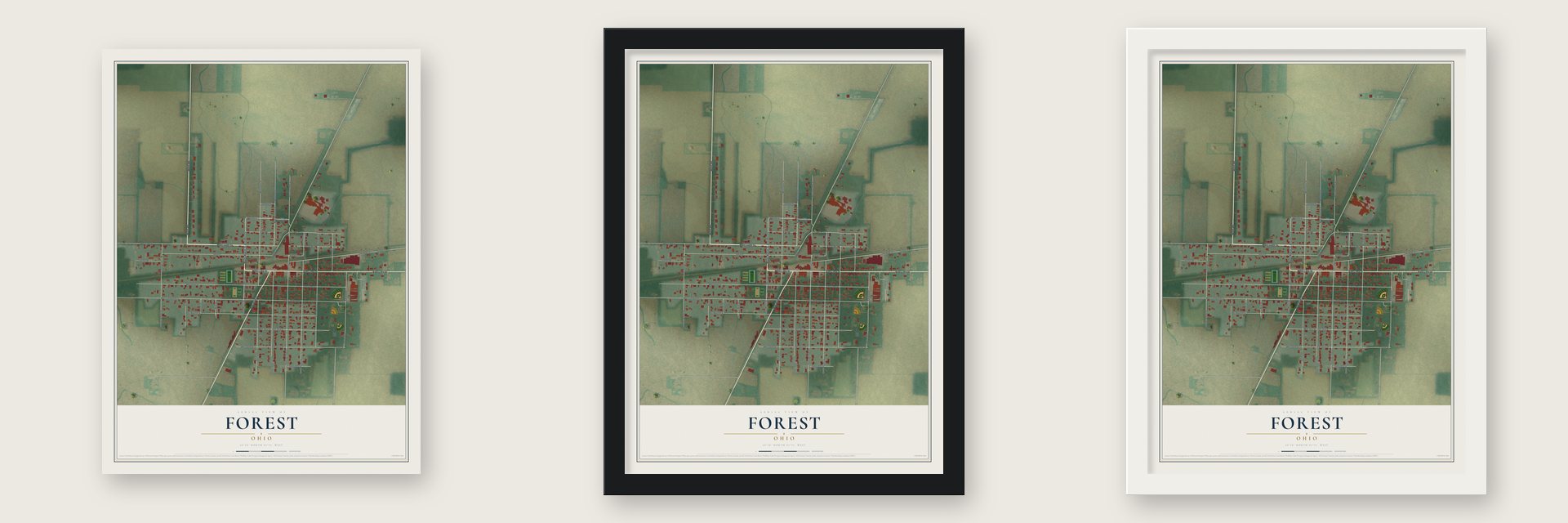 Forest, Ohio map unframed, in a black wood frame and in a white wood frame