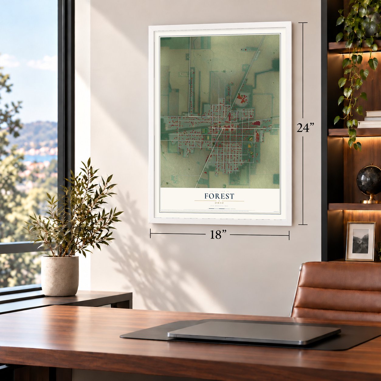 Forest, Ohio map, 18 x 24 inch print in a white frame in a home office